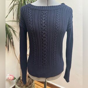 J. Crew Navy Cable Knit Boatneck Sweater with Shoulder Zipper Detail